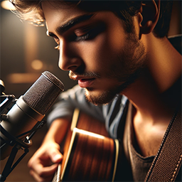 Here's the 
                                image of a musician in a close-up view, playing a guitar and singing with deep emotion and passion. 
                                The focus is on their expressive face and the details of the acoustic guitar.